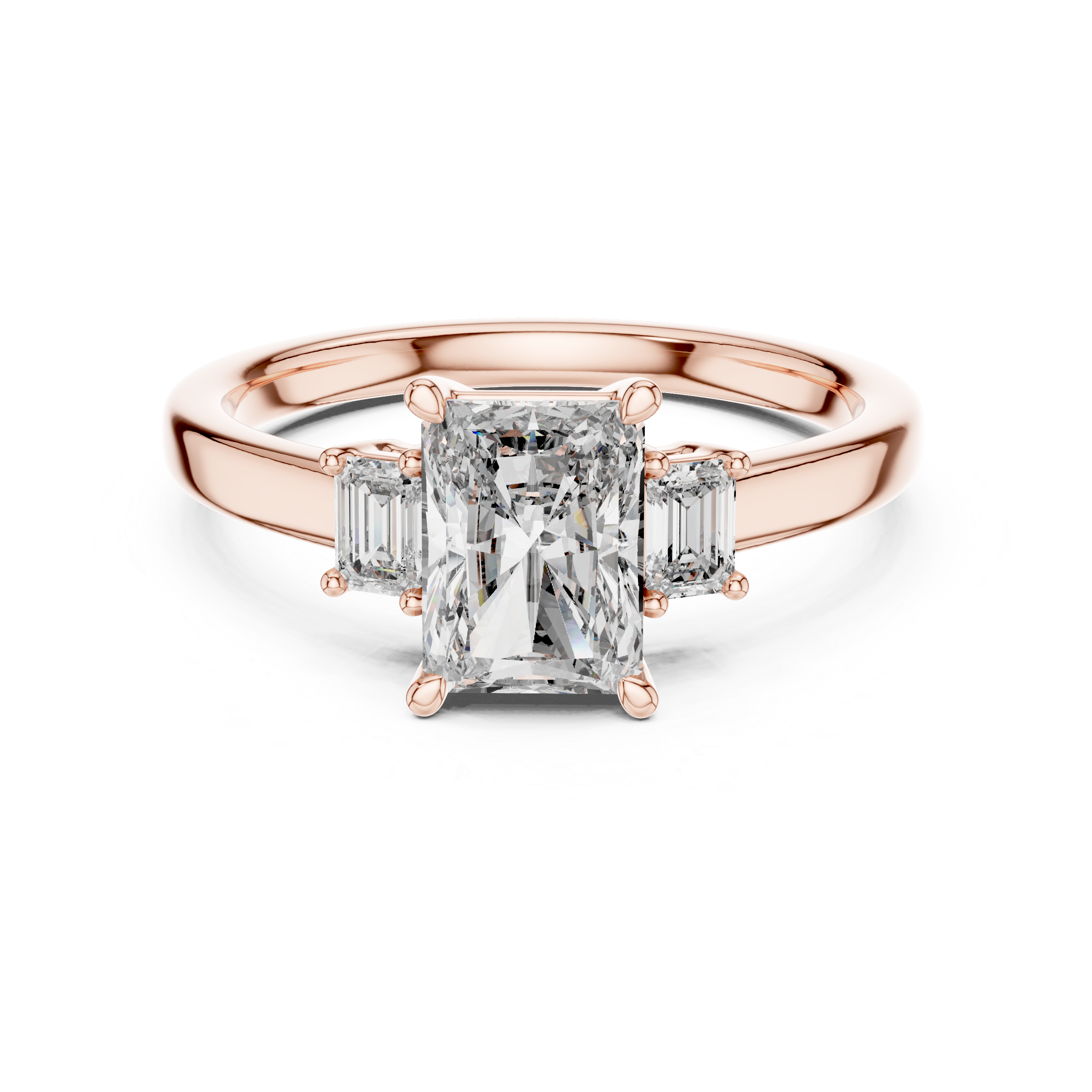 Rose gold ring with a central diamond and smaller diamonds on a white background